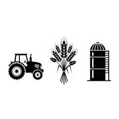 Essential farming icons featuring a tractor, wheat sheaf, and grain silo representing modern agriculture and harvest success © firman