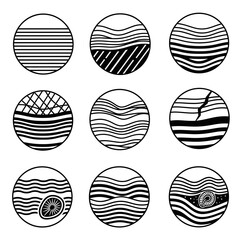 Striking collection of nine abstract circular icons representing geology layers seismic activity and natural patterns
