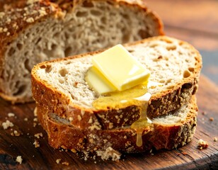 Rustic sourdough bread slices topped with golden butter and flowing honey goodness