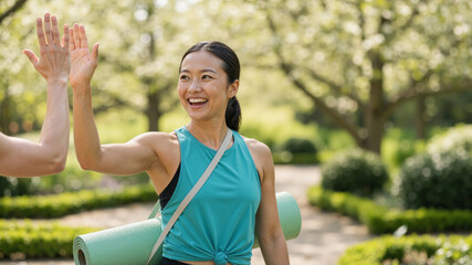 Smiling asian woman giving high five outdoors after yoga or fitness workout in park