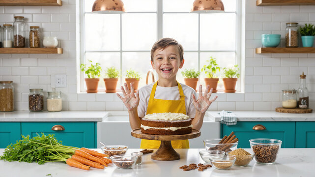 Happy young boy presenting homemade layered carrot cake in bright modern kitchen setting - Powered by Adobe