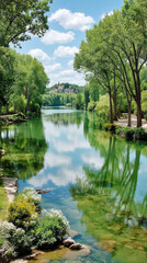 Obraz premium Vibrant Green River Reflections of a Village and Lush Trees on a Sunny Summer Day