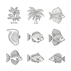 Charming collection of stylized tropical fish and nature elements perfect for coloring books and seaside design projects