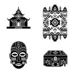 Stunning collection of global cultural icons featuring temple architecture tribal art mask and ornate treasure chest