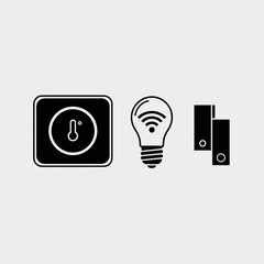 Modern smart home automation icons featuring thermostat bulb and control panel elements for connected living