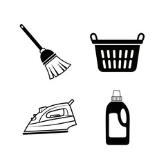 Essential household cleaning icons featuring a broom, laundry basket, iron, and detergent bottle for chore graphics