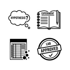 Essential science icons detailing hypothesis testing research data recording and guaranteed laboratory approval for research projects