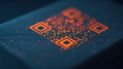 A close-up view of a stylized QR code glowing against a dark background, showcasing vibrant orange dots.