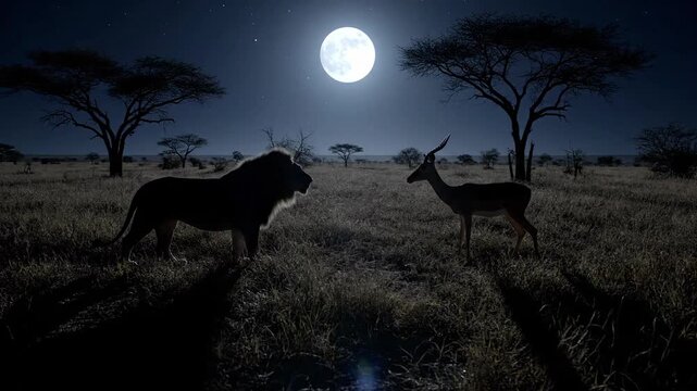 Lion and impala under the moonlight in an African savanna at night