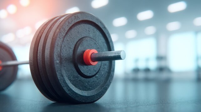 A close-up of a heavy dumbbell on a gym floor, showcasing its black weight plates and metallic handle, set against a blurred fitness background. - Powered by Adobe