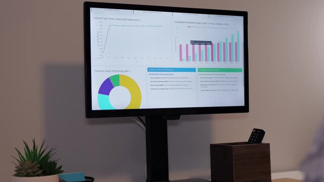 Middle Aged Business Analyst Reviews Clean Energy Conversion Executive Report from Home Office - Green Power Long Term Savings Concept