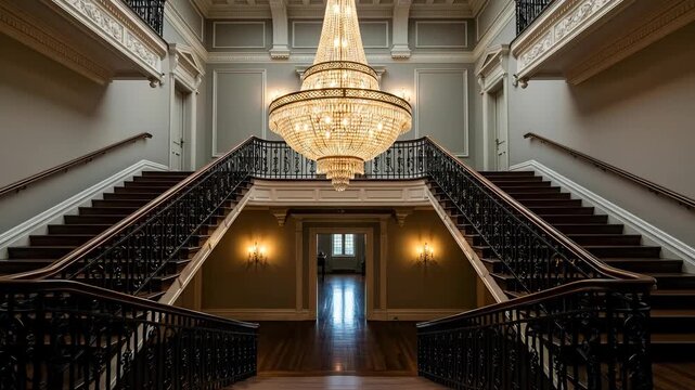 Elegant Grand Staircase in Luxurious Mansion with Large Crystal Chandelier and Classic Interior Design