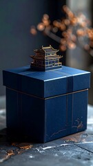 Elegant blue gift box adorned with a golden pagoda, set against a blurred background