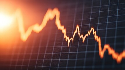 A close-up of a fluctuating financial graph with vibrant orange lines against a dark grid background, symbolizing market trends and data analysis.
