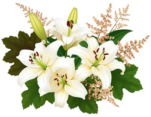 Elegant bouquet of white lilies with pink astilbe, and leaves on a white background