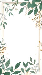 Elegant botanical frame with green foliage and golden accents on a white background
