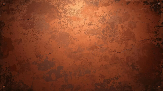 A detailed close-up of a rustic, aged copper metal texture with distressed patterns and a warm, reddish-brown hue, perfect for a vintage background.
