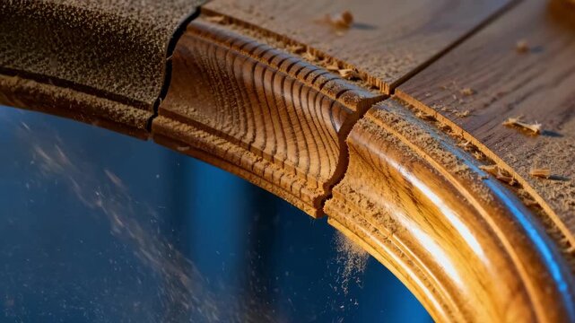 Closeup of finishing touches on curved crown rail installation highlighting intricate sanding and smoothing techniques for a flawless decorative finish.