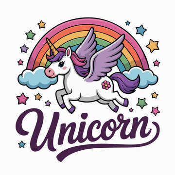 Cute unicorn with rainbow and stars illustration for kids party decoration and fantasy themed designs art
