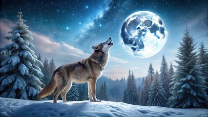 Obraz premium A majestic Eurasian wolf howls at a full moon under the stars in the vast, snowcovered forest of Eastern Europe