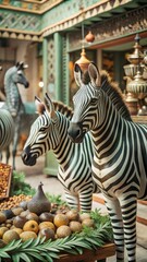 Obraz premium Ornate azjatycki market stalls showcase a colorful assortment of decorative bird species and zebras at a vibrant African marketplace