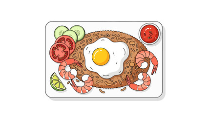 Delicious Seafood Breakfast Plate with Fried Egg Shrimp and Fresh Vegetables nasi goreng indonesian food