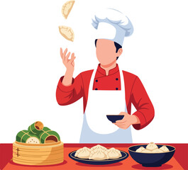 Chef showcasing culinary skills with dumpling juggling. Suitable for restaurant menus, asian cuisine promotions, or cooking blog illustrations.