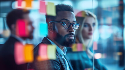 A businessman wearing glasses observes a group of people in a room. The people are watching him, and there are many colorful sticky notes on the wall behind him. The scene is one of collaboration.