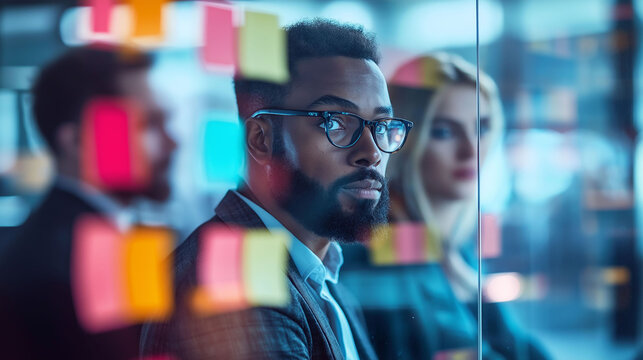 A businessman wearing glasses observes a group of people in a room. The people are watching him, and there are many colorful sticky notes on the wall behind him. The scene is one of collaboration.