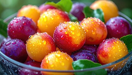 Bowl of colorful plums with water drops