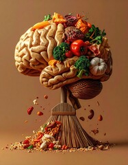 Veggie-filled brain atop broom