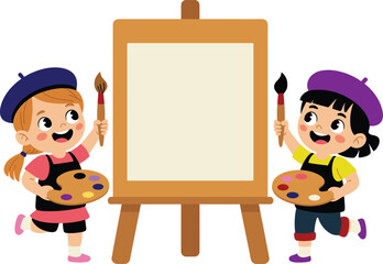 Cartoon children painting on blank canvas with brushes and palettes, cheerful art class vector illustration for creativity, education, school activity, and fun