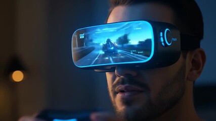 Man Wearing VR Headset Experiencing Virtual Reality Racing Game - Powered by Adobe