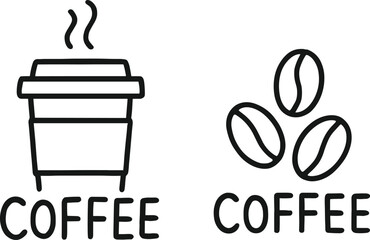 Coffee cup with steam and coffee beans icon, black stylized vector, bold text design, cafe branding, hot drink symbol, packaging and signage art