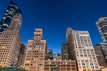 Night in Chicago city downtown. Skyscraper architecture. Chicago city cityscape. Cityscape night with skyscraper building. Skyline architecture. Chicago city with illuminated building. Urban lights