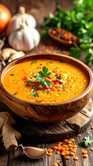 Lentil soup in wooden bowl, rustic feel