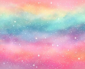 A dreamy atmosphere of colorful clouds illuminated by radiant stars in a serene cosmic haze