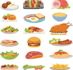 Cartoon food dish illustration set, international cuisine vector icons, colorful meal design, restaurant menu artwork, dietary planning and educational food pack