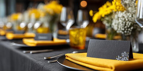 Elegant Table Setting: A close-up captures an elegant table arrangement, complete with stylish tableware, vibrant floral centerpieces, and thoughtfully placed name cards.