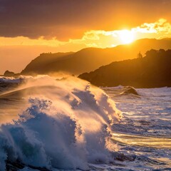 Waves crash under a sunset sky