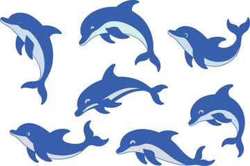 Obraz premium Cartoon dolphins in playful swimming and jumping poses, cute blue marine animals with friendly expressions, ocean wildlife vector set for kids and decor