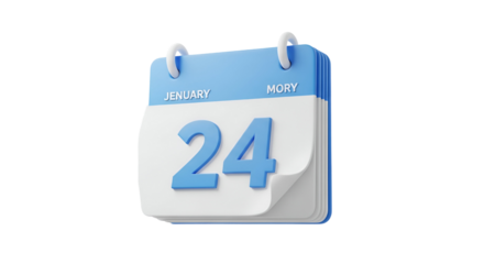 3d rendering of a blue and white tearoff calendar showing january 24 isolated on transparent background