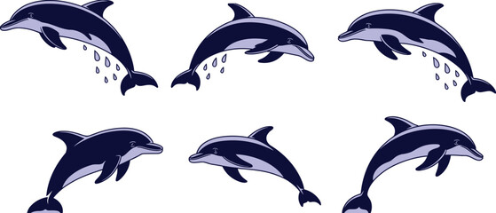 Stylized dolphin vector set with water droplets, jumping and swimming poses, black isolated marine artwork, playful ocean animal design, aquatic silhouette illustration © tajwar