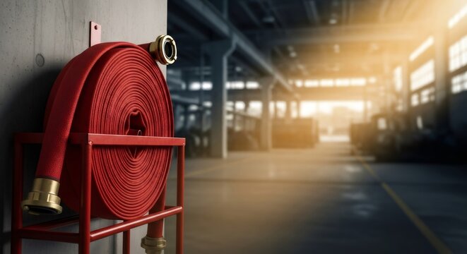 Red fire hose reel mounted on a concrete wall in a large industrial factory or warehouse. Equipment for fire safety and protection.