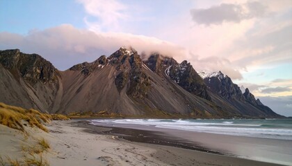 Iceland mountains, beach at dusk