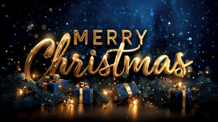 Warm golden letters spell out Merry Christmas, surrounded by sparkling lights and beautifully wrapped presents. This festive display captures the joy of the holiday season.