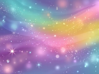 Soft pastel sky filled with glittering stars and flowing rainbow gradients that shimmer in gentle light