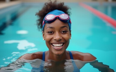Training, portrait or happy black woman in swimming pool or water for practice, workout or body fitness. Wellness, smile or healthy girl swimmer in goggles exercising for cardio endurance or exercise