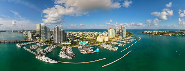 Panorama of Miami Beach with turquoise waters. Drone shot of Miami skyline. Panoramic of Miami famous coastline.
