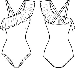 Technical flat sketch of one-piece swimsuit, asymmetrical ruffle strap crisscross back design, fashion template, garment construction drawing, apparel illustration, vector outline